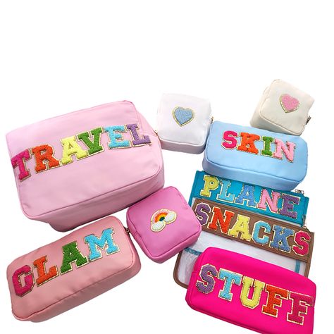 Travel Stuff Letter Patches Embroidery Patch Personalize Toiletry Pouch Waterproof Storage Nylon Makeup Bag Organizer, Patches Embroidery, Letter Patches, Travel Snacks, Makeup Bag Organization, Toiletry Pouch, Embroidery Patch, Bag Organizer, Makeup Bags Travel