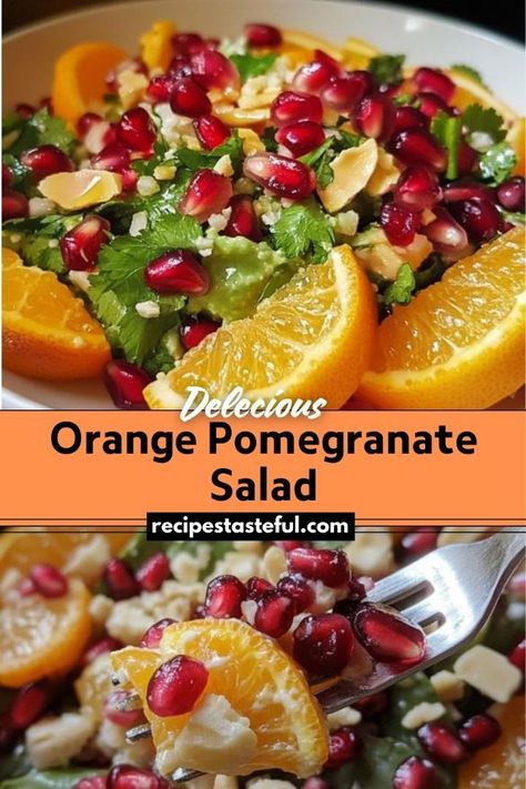 This vibrant and refreshing Orange Pomegranate Salad combines the sweetness of oranges with the tangy burst of pomegranate seeds, accented by red onion, feta cheese, and toasted nuts. Tossed with a simple citrus dressing, it's a delightful side dish or light main course perfect for any occasion. Salad With Pomegranate Seeds, Pomegranate Recipes Salad, Orange Pomegranate, Traditional Thanksgiving Recipes, Seed Salad, Citrus Dressing, Easy Thanksgiving Recipes, Pomegranate Salad, Colorful Dishes