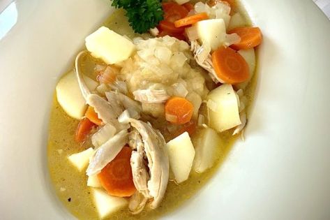 Acadian Fricot with Dumplings – Kidney Community Kitchen Chicken Fricot Recipe, Chicken Fricot Acadian, Acadian Fricot, Chicken Fricot, Community Kitchen, Summer Savory, Fresh Potato, Peeling Potatoes, Boneless Chicken