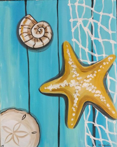 Sip And Paint Beach Ideas, Beach Themed Paintings On Canvas Easy, Wine And Paint Party Ideas Canvases Easy, How To Paint Seashells On Canvas, Sea Shells Painting On Canvas, Seashell Acrylic Painting, Seashell Painting On Canvas, Beach Theme Painting Ideas, Summer Paint Night Ideas