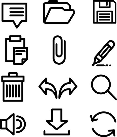 Software interface icons set black and white simple line style vector clip arts Vector Animation, Simple Lines, Icon Set, Vector Free, Clip Art, Black And White, Black, Art