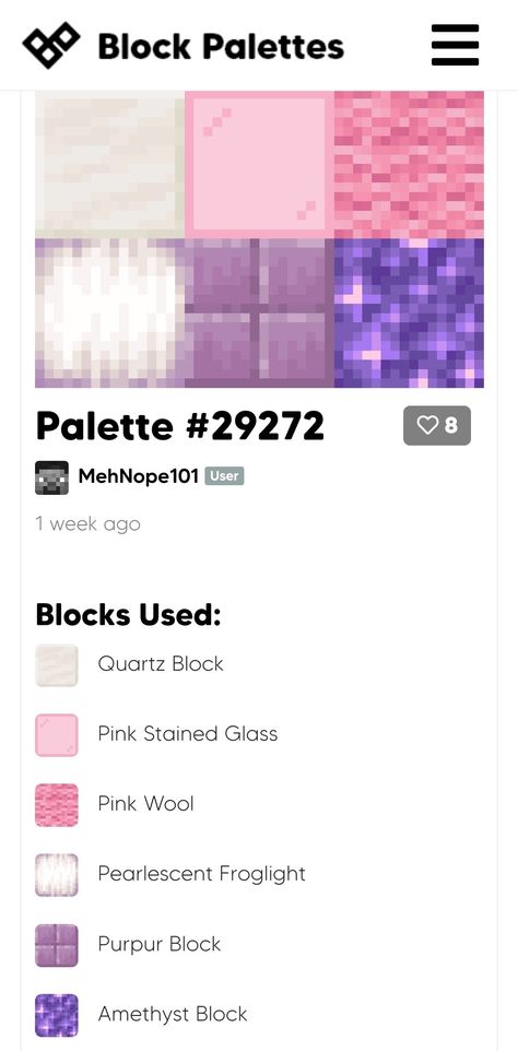 Minecraft Color Palette Purple, Pink Minecraft Block Pallete, Purple Block Pallet Minecraft, Minecraft Amethyst Palette, Cherry Wood Color Palette Minecraft, Cherry Grove Seed Minecraft, Minecraft Block Palette Aesthetic, Minecraft Color Palette For Houses, Minecraft Building Palette