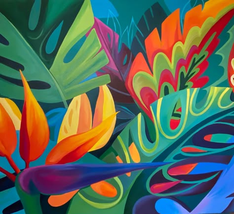 Finished up this 5 x 7' commission today. Can't wait to see it in its new home! #bigart #brookpageart #acrylicpainting #tropicalart #brookpage Tropical Bar Ideas, Tropical Colour Palette, Abstract Tropical Art Paintings, Tropical Plants Painting, Tropical Cabin, Plant Mural, Costa Rica Art, Tropical Bar, Abstract Plants