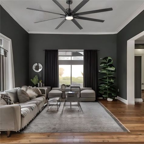 Interior Design Black Bedroom Ceiling Fan, Ceiling Fans For Living Room, Black Fans Living Room, Living Room Fan Ceilings, Black Ceiling Fan Living Room, Tan Black And White Living Room, Modern Ceiling Fan Living Room, Ceiling Fans With Light Living Room, Light Grey Living Room Ideas