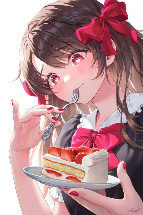 Girl Eating, Cake Drawing, Sweet Drawings, Anime Head, Anime Cat, Anime Inspired, Cat Girl, Anime Poses, Cartoon Art Styles