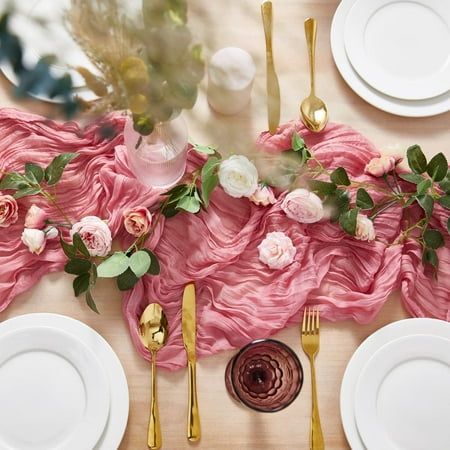 Features: The table runners are made of cotton cheesecloth with wrinkle. Its soft, simple and beautiful. It's elegant and rustic. Perfect for indoor/ outdoor wedding reception, bridal shower, party, holiday, picnic, table decor or other special occasions. Specifications: Material: Cheesecloth Size: 70" x 35.5"5.9FT Long) 118" x 35.5"(9.8 Ft Long) Package included: 1 X Table Runners Size: 118" x 35.5".  Color: Pink. Elegant Farmhouse Decor, Wedding Chair Sashes, Cheesecloth Table Runner, Rustic Table Runners, Wedding Arch Rustic, Baby Shower Table Decorations, Banquet Decorations, Wedding Chair Decorations, Bridal Shower Tables