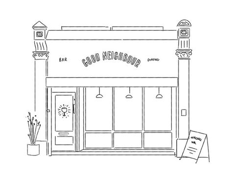 Store Front Illustration, Storefront Drawing, Camberwell London, Store Drawing, Store Illustration, Sketches Watercolor, Pizza Tee, Small Restaurant Design, Bakery Store