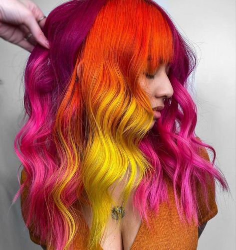 Yellow Red And Orange Hair, Dyed Beard, Halloween Hair Dye, Fire Hair Color, Neon Hair Color, Pink And Orange Hair, Hot Hairstyles, Beard Dye, Vivid Hair