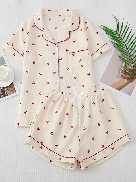 Cherry Print Pajama Set, Sweet & Cute Lapel Buttons Top And Bow Shorts, Women's Sleepwear & Loungewear, y2k pjs, affiliate Big Sleepover, Y2k Pajamas, School Ootd, Áo Len Cardigan, Summer Sleepwear, Cute Pjs, Cute Pajama Sets, Short Loungewear, Elastic Waistband Pants