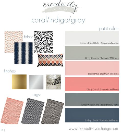 Room inspiration with paint colors.  Coral, navy and gray.  Moody Monday on The Creativity Exchange Coral Navy Blue And Gray Living Room, The Creativity Exchange, Coral Living Rooms, Decorators White Benjamin Moore, Coral Bedroom, House Shutters, Coral Navy, Grey And Coral, Bedroom Orange