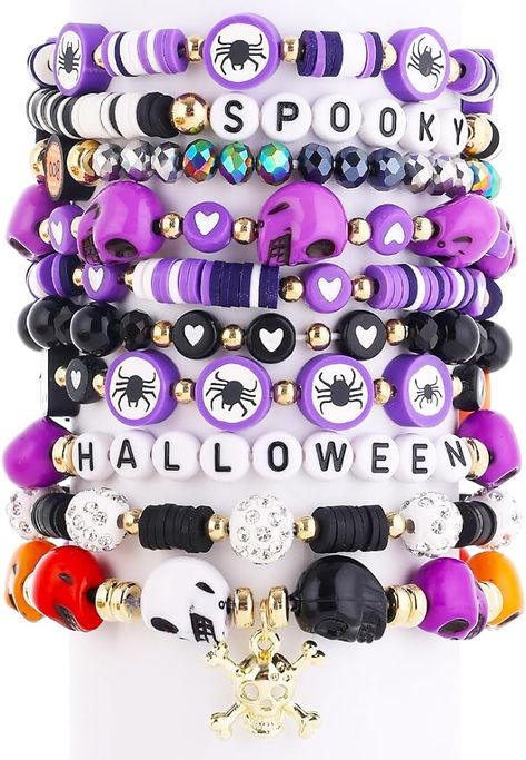 Amazon.com: Cooluckday 10Pcs Halloween Beads for Bracelets Set Stackable Bracelet for Women Halloween Bracelets Pumpkin Spider Ghost Charms Bracelets BOO Happy Halloween Stretch Bracelets Set Holiday Gift: Clothing, Shoes & Jewelry Cute Bracelet Ideas Halloween, Bracelet Ideas With Charms, Diy Halloween Bracelets, Halloween Friendship Bracelet, Friendship Bead Bracelets, Halloween Bracelet Ideas, Rainbow Friendship Bracelet, Bracelets Halloween, Bracelet Clay