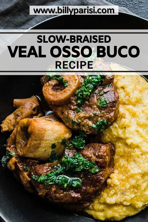 This slow-braised Osso Buco Recipe is made with veal shanks, vegetables, tomatoes, wine, and stock. It is delicious, like fall-off-the-bone good. I’ve been making this recipe for years, and to this day, it is still one of my favorites. This is a very hearty dish and can be somewhat difficult to find on Italian restaurant menus, but you can make it at home. Veal Stock Recipes, Osso Bucco Recipe Veal, Veal Shank Osso Bucco, Italian Osso Bucco Recipe, Osso Bucco Recipe Dutch Oven, Beef Shank Osso Bucco Recipe, Veal Recipes Easy, Veal Shank Recipes, Venison Osso Bucco Recipe