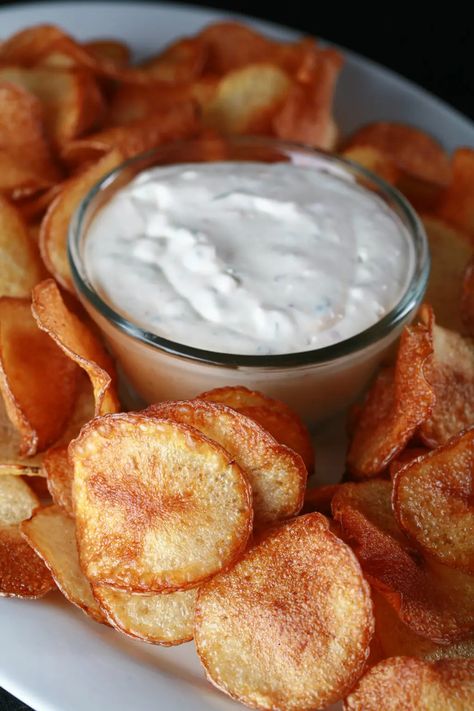 A large platter of fried potato slices, with a bowl of cactus dip. Based on a Boston Pizza appetizer. Cactus Cut Potatoes, Cactus Dip, Dip For Potato Chips, Boston Pizza, Deep Fried Potatoes, Parmesan Fries, Pizza Appetizers, Cut Recipe, Spicy Appetizers