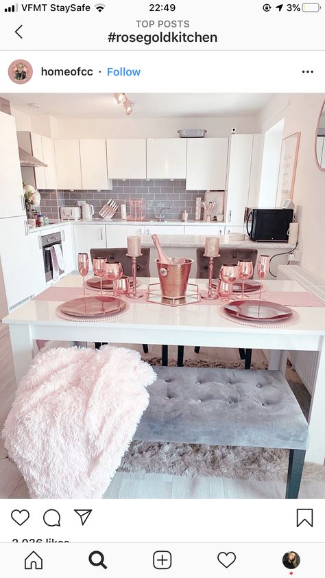 Grey White And Rose Gold Living Room, White And Rose Gold Kitchen Ideas, Grey White And Rose Gold Kitchen, Grey And Rose Gold Kitchen, Grey Kitchen Rose Gold Handles, Rose Gold Kitchen Ideas, Gray And Rose Gold Bedroom Blush Pink, Leaving Room Ideas, Lux Kitchen