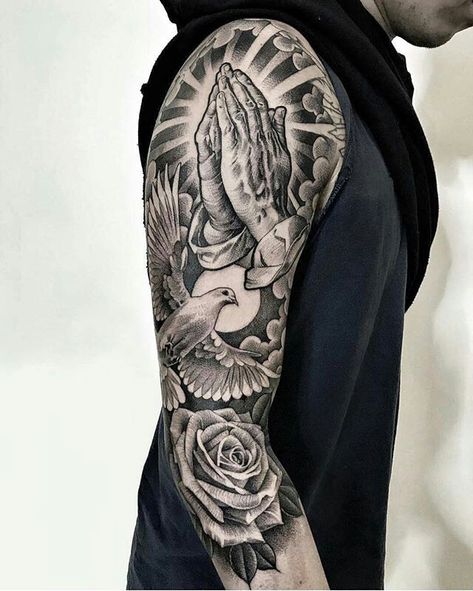 Lil B Tattoo, Religious Tattoo Sleeves, Voll Arm-tattoos, Tato Salib, Christian Sleeve Tattoo, Dove Tattoos, Heaven Tattoos, Cool Arm Tattoos, Half Sleeve Tattoos For Guys