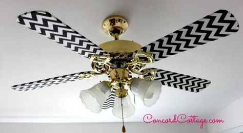 Ceiling Fan Makeover With Black & White Chevron Black And White Ceiling, Ceiling Fan Blade Covers, Fan Makeover, Ceiling Fan Makeover, Mother Daughter Projects, White Ceiling Fan, Diy Ceiling, Old Pallets, Floor Ceiling