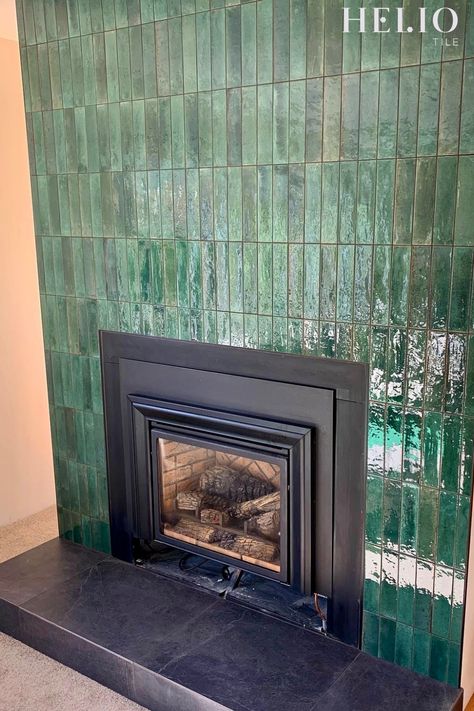 Fireplace With Green Tile, Green Tiled Fireplace, Green Vertical Tile, Vertical Tile Fireplace, Tiled Fireplace Ideas, Mexican Tile Fireplace, Vertical Tile, Tile Design Ideas, Tile Fireplace