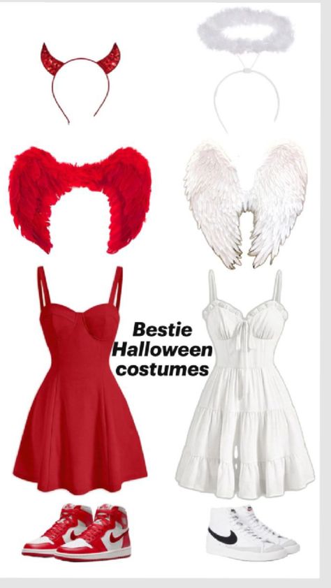 what me and my besties for the restie are being (I'm the angel she's the devil) 😇😈 What To Be On Halloween Costume, Ideas For Halloween Costumes Duo, Devil And Angles Costumes Couple, Halloween Costumes For You And Your Bff, Halloween Costume Ideas Sisters, 2 Person Halloween Costumes Cute, Devils And Angels Costume, Duos Halloween Costumes Bff, Halloween Costumes Warm Clothes