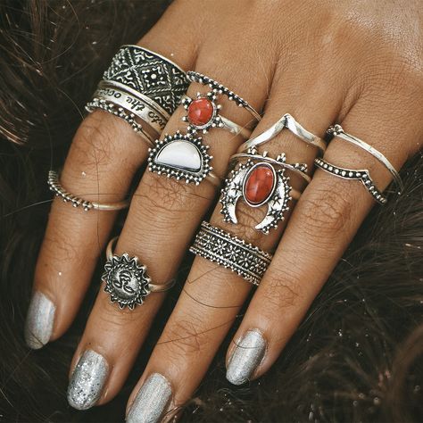 Band Rings Women, Ladies Silver Rings, Ring Sets Boho, Turquoise Boho, Knuckle Rings, White Turquoise, Finger Rings, Rings Set, Color Plata