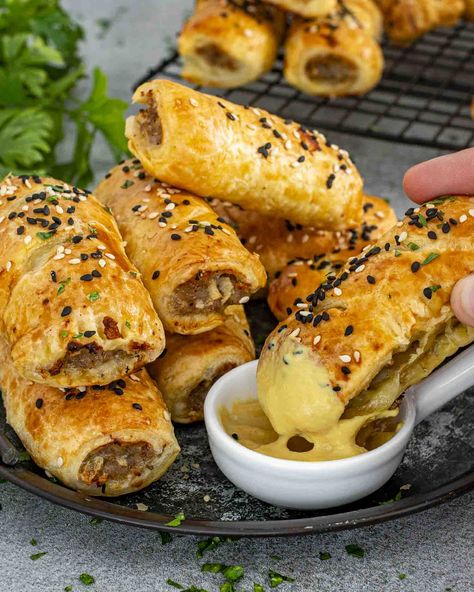 These Pork and Apple Sausage Rolls are the perfect mix of savory and sweet, wrapped in flaky puff pastry. Great for parties or snacks! #SausageRolls #PorkAndApple #EasyAppetizer #PartyFood #HomemadeSausageRolls Apple Sausage Recipes, Pork Apple, Homemade Sausage Rolls, Pastry Dishes, Jo Cooks, Apple Sausage, Simple Meals, Carb Cycling, Cold Appetizers