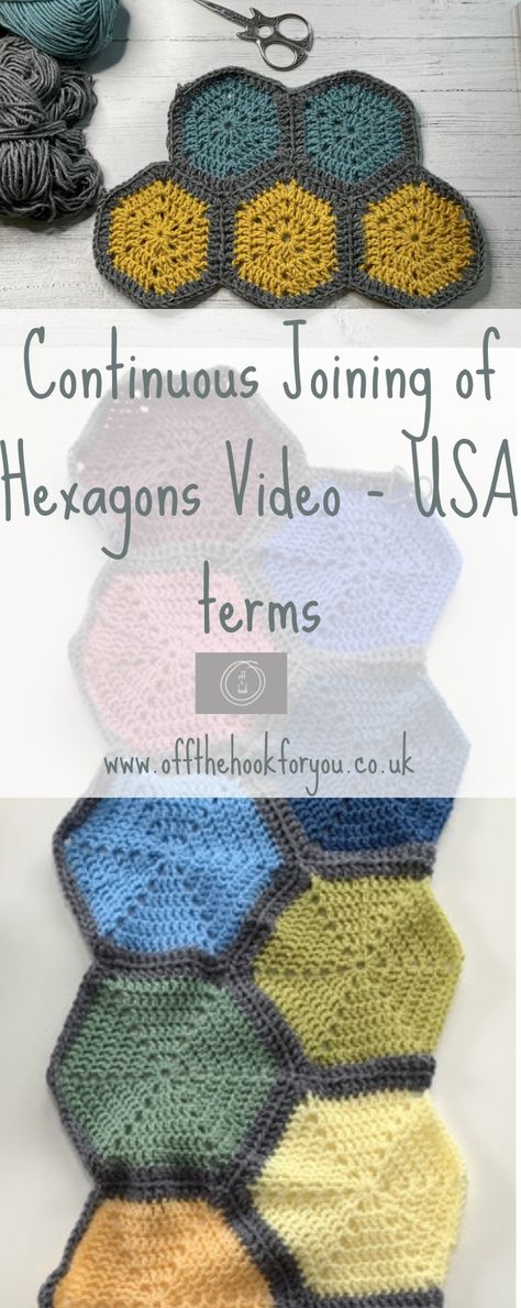 Crochet together hexagons - continuously only 2 ends to sew in.   Video tutorial and schematic.   www.offthehookforyou.co.uk Crochet Hexagons, Crochet Classes, Simply Crochet, Knit Blankets, Beginner Crochet Tutorial, Crochet Tips, Off The Hook, Crochet Hexagon, Crochet Tutorials