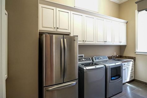 Laundry Room With Refrigerator, Laundry Room Tables, Pantry Laundry Room, Basement Laundry Room, Dream Laundry Room, Laundry Room Doors, Basement Laundry, Built In Refrigerator, Laundry Room Remodel