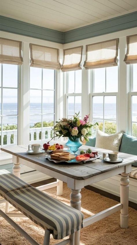 Coastal Breakfast Nook, Coastal Breakfast, Cottage Coastal Decor, Home Redesign, Breakfast Nook Ideas, Beadboard Paneling, Banquette Seating In Kitchen, Coastal Kitchen Design, Modern Coastal Home