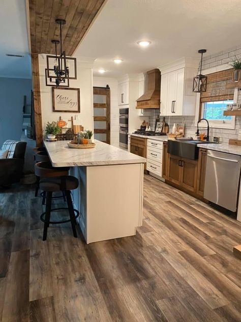 Kitchen Remodel Manufactured Home, 2023 Mobile Homes, Mobile Home Inspiration, 1960 Ranch House Remodel Exterior, Mobile Home Farmhouse Remodel, 1960s Ranch House Remodel, One Wall Kitchen Layout, Old House Renovation, Mobile Home Kitchen