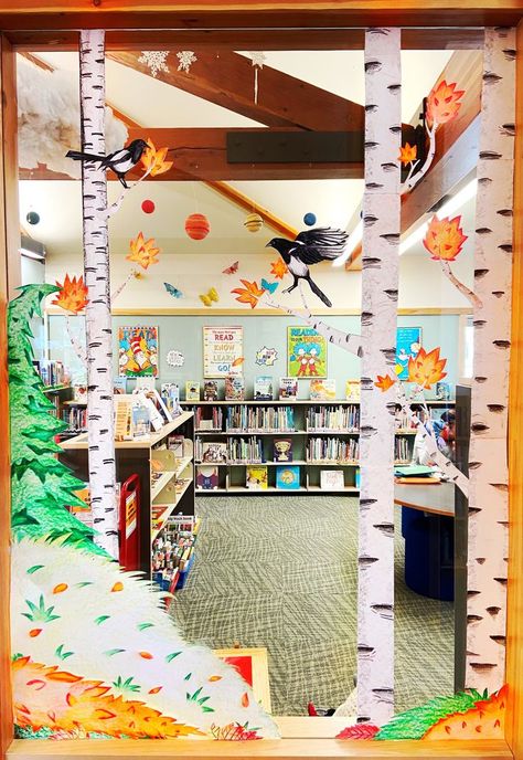 Seasonal Library Window Display Nature in Paper Skagway Public Library Skagway Alaska Crayon Art Outside Inside Library Window Art, Library Window Displays, Woodland Library, Library Window, Art Outside, Skagway Alaska, Library Themes, Glass Window Art, Library Displays