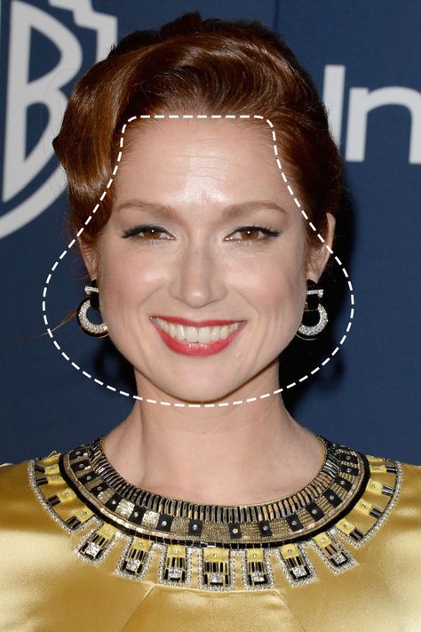 The pear face shape has a wide jaw, with a narrower forehead… Pear Face Shape, Narrow Forehead, Pear Shaped Face, Fine Hair Bangs, Wide Jaw, Ellie Kemper, Celebrity Faces, Makeup Store, Coarse Hair