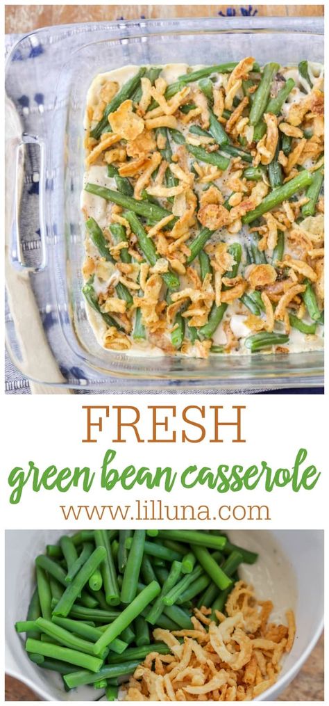 Fresh green bean casserole is bright and flavorful. It is easy to make and takes this beloved classic to a new level of yum!! #greenbeans #casserole #fresh #thanksgiving #sidedish Green Bean Cassarole, Fresh Green Bean Casserole Recipes, Easy Green Bean Casserole, Fresh Green Bean Casserole, Cheesy Green Bean Casserole, Traditional Green Bean Casserole, Green Bean Casserole Recipe, Green Bean Casserole Easy, Green Beans With Bacon