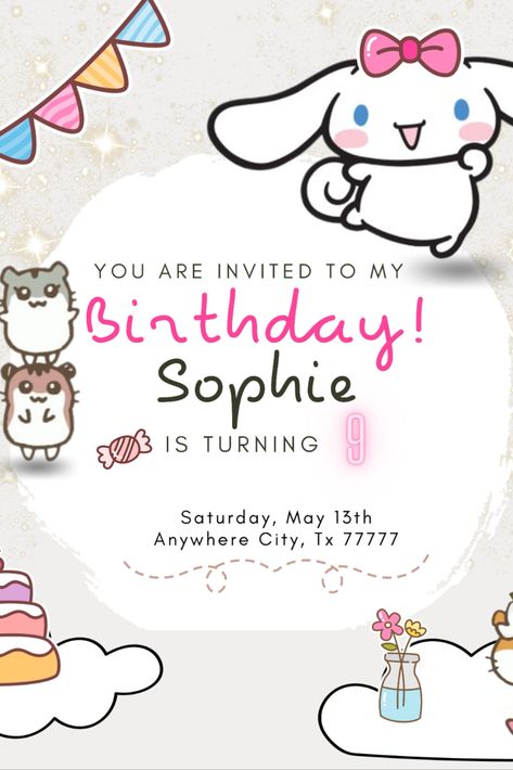 Personalized Digital Invite Kitty Invite, Bunny Birthday, Digital Invite, You Are Invited, Cute Bunny, Digital Invitations, Birthday Invitations, Cinnamon, Hello Kitty