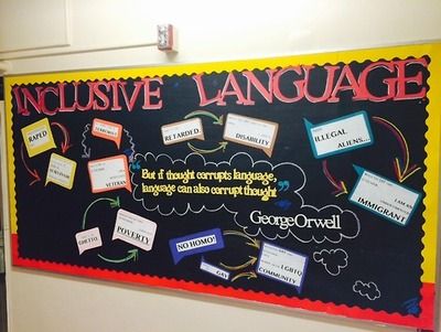 Inclusive Language Bulletin Board Diy Cork Board Ideas, Diversity Bulletin Board, Dorm Bulletin Boards, Res Life Door Decs, Inclusive Language, Resident Assistant Bulletin Boards, Ra Bulletin Board Ideas, Resident Assistant Ideas, Ra Board Ideas