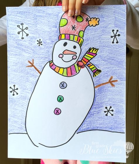 January Directed Drawings - First Grade Blue Skies Winter Directed Drawing, January Drawings, Snowman Kindergarten, Kids Art Journal, Directed Drawing Kindergarten, Polar Bear And Penguin, Snowmen At Night, January Art, Winter Art Lesson