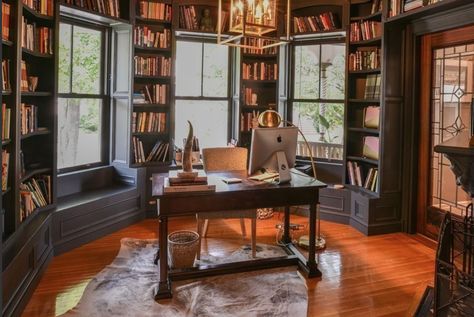 Custom library built into the turret at 86 Dexter Street, Malden. Turret Room, Sam Maloof, Window Nook, Home Office Library, Storybook Homes, Room Additions, House Outside Design, Home Libraries, Home Library