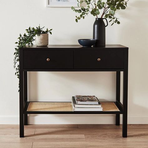 Black Entryway Table, Cane Shelf, Columns (home), Small Console Table, Laura James, Elegant Entryway, White Console Table, Black Console Table, Hallway Console