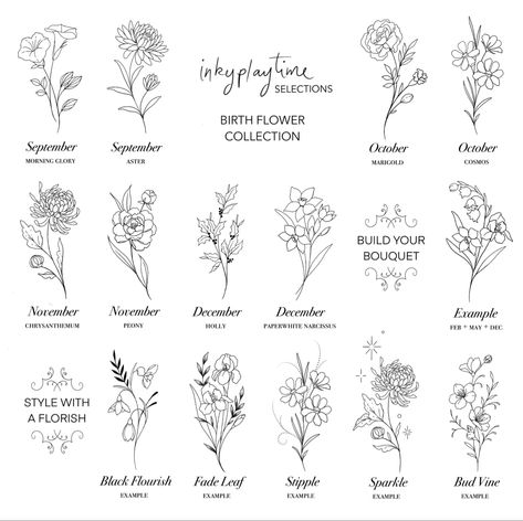 September October November December birth flower simple minimal tattoo designs and customisation stules Birthflower November Drawing, Birthflower Name Tattoo, Simple Minimal Tattoo, Birthflower September Tattoo, Fine Line Birth Flower Tattoo, Birthflower November, December Flower Tattoo Birth Month, December Tattoos Ideas, Birth Month Tattoo Ideas