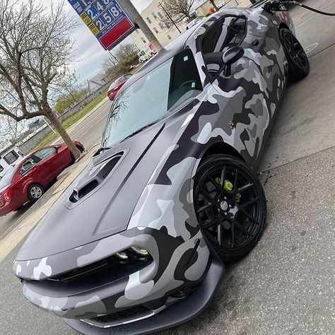 Cool camouflage challenger  follow @scatpack_aaron #wrap #challenger #stripes #dodge #mopar #srt #scatpack #hellcat #decals #vinyl #stance #americanmuscle #challengerfam #challengernation #moparornocar #v8 #dodgechallenger #challengersrt Challenger Car, Stanced Cars, Instagram Cool, Car Wraps, Vinyl Wrap, Modified Cars, Car Wrap, Dodge Challenger, Mopar