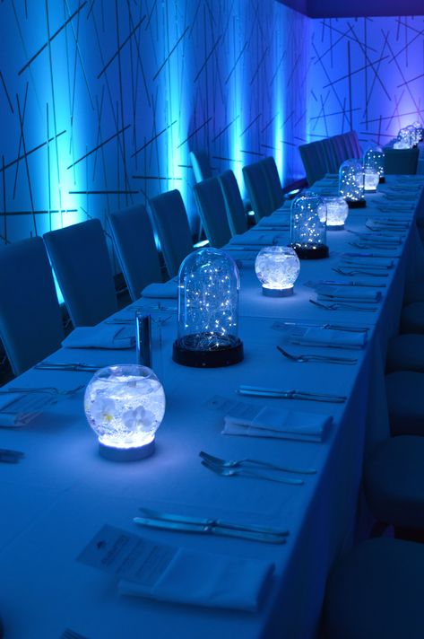 Tron Wedding Theme, Night Under The Stars Theme Table, Starry Night Theme Centerpieces, Night Sky Centerpiece, Midnight Centerpieces, Night Sky Party Decorations, Galaxy Table Decor, Starry Night Quinceanera Decoration, Space Themed Wedding Centerpieces