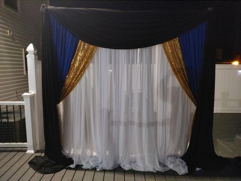 Royal Blue And Gold Backdrop, Mickey Mouse Backdrop, Ffa Banquet, Paris Prom, Gold Graduation Party, Stage Curtains, Gold Backdrop, Gold Party Decorations, Curtain Backdrops