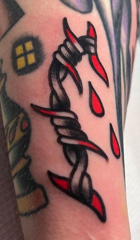 Flames Traditional Tattoo, Trad Tooth Tattoo, American Trad Filler, Fire Filler Tattoo, Red And Black Traditional Tattoo, Black And Red Sleeve Tattoo, Traditional Tattoo Tooth, Traditional Flame Tattoo, Traditional Barbed Wire Tattoo