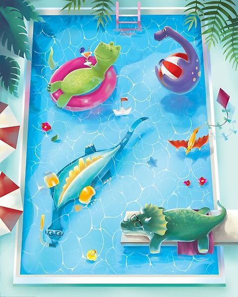 Dinos having fun this summer at the pool! dinosaur, pool, summer, ball, swimming, water, palms, holiday, fun, kid, relaxing, cocktail, trex, triceratops, stegosaurus, pool part, kids birthday gift, kids design, tropical, t rex, hipster, surfer, surfing, beach, hotel, spring break, dino birthday, dino gifts, mask, dino sticker, kids mask, summer mask, pool party, dino baby shower #dino #dinobabyshower #kidsbirthday #dinobirthday #poolparty #dinopoolparty #dinosaur #illustration #summerart Dino Pool Party, Dino Gifts, Dino Dino, Pool Party Summer, Kid Design, Dino Kids, Party Swimming Pool, Dino Birthday, Summer Pool Party