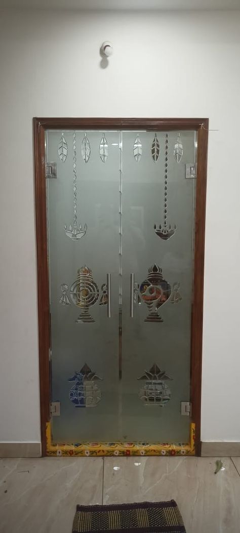 Glass Doors For Puja Room, Puja Mandir Glass Door Design, Puja Unit Glass Door Design, Ganesh On Glass Door, Poojaroom Glass Door Designs, Pooja Unit Glass Door Designs, Puja Glass Door Design, Small Pooja Room Door Design, Pooja Room Door Design Glass And Wood