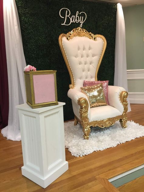 Princess Baby Shower | CatchMyParty.com Baby Shower Chair Ideas, Baby Shower Chair, Sweet 15 Party Ideas Quinceanera, Paris Baby Shower, Sweet 16 Decorations, Jungle Baby Shower Theme, Quinceanera Decorations, Baby Shower Party Ideas, Shower Party Ideas