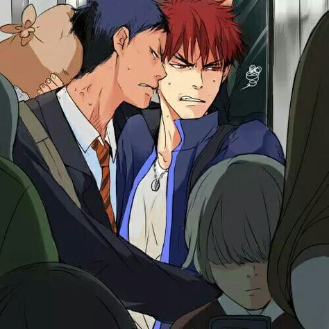 Aomine Daiki x Kagami Taiga / Kuroko no Basket Kagami And Aomine, Aomine Daiki X Kagami Taiga, Aomine X Kagami, Crowded Train, Kagami Kuroko, Kuroko No Basket Characters, Aomine Daiki, Kagami Taiga, Kuroko's Basketball