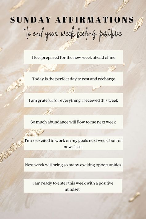 Sunday affirmations to end your week feeling positive End Of Week Affirmations, Sunday Night Affirmations, Week Affirmation, Sunday Affirmations, Therapy Homework, Weekly Reset, Sunday Reset, Sunday Scaries, Sunday Quotes