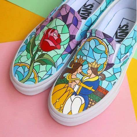 Disney Painted Shoes, Custom Painted Vans, Beauty And The Beast Diy, Custom Vans Shoes, Painted Shoes Diy, Painted Vans, Fairy Shoes, Disney Vans, Custom Painted Shoes