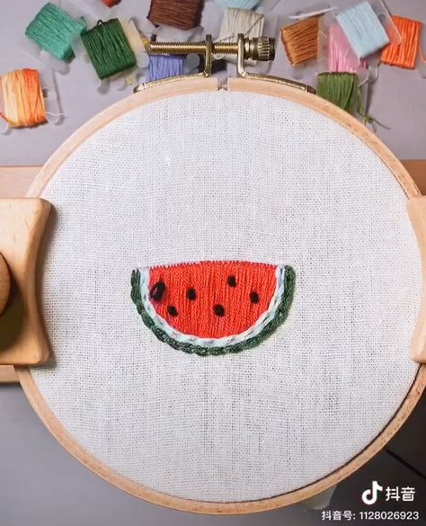 How to start hand embroidery-embroidery watermelon patterns, patterns embroidered on clothes Satin Thread Embroidery, Hand Embroidery Fruit Design, Satin Embroidery Designs Easy, Watermelon Embroidery Pattern, Dumpling Embroidery, Embroidery Easy Designs, Embroidery Easy For Beginners, Embroidery Art Simple, Chain Stitch Embroidery Design Pattern