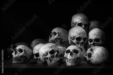 Stock Image: Genocides, Stacked human skulls at the Killing Fields, Black and White Tone Pile Of Skulls, White Tone, Picture Collage Wall, Styled Stock Photos, Human Skull, Picture Collage, Styled Stock, Skull And Bones, Dark Background