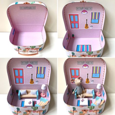 Suitcase dollhouses make a great gift. They are cute, portable and don’t take up a lot of space. It’s a perfect toy for families that are often on the go, live in a small space, or just love pretty things :). Buying a customised dollhouse however can be rather expensive, so in this blog I will show you how you could make your own customised suitcase dollhouse. For making your own suitcase dollhouse there are 4 things you’ll certainly need... Suitcase Dollhouse Diy, Suitcase Craft, Critter Crafts, Homemade Dollhouse, Suitcase Dollhouse, Travel Dollhouse, Doll Suitcase, Diy Suitcase, Cardboard Dollhouse